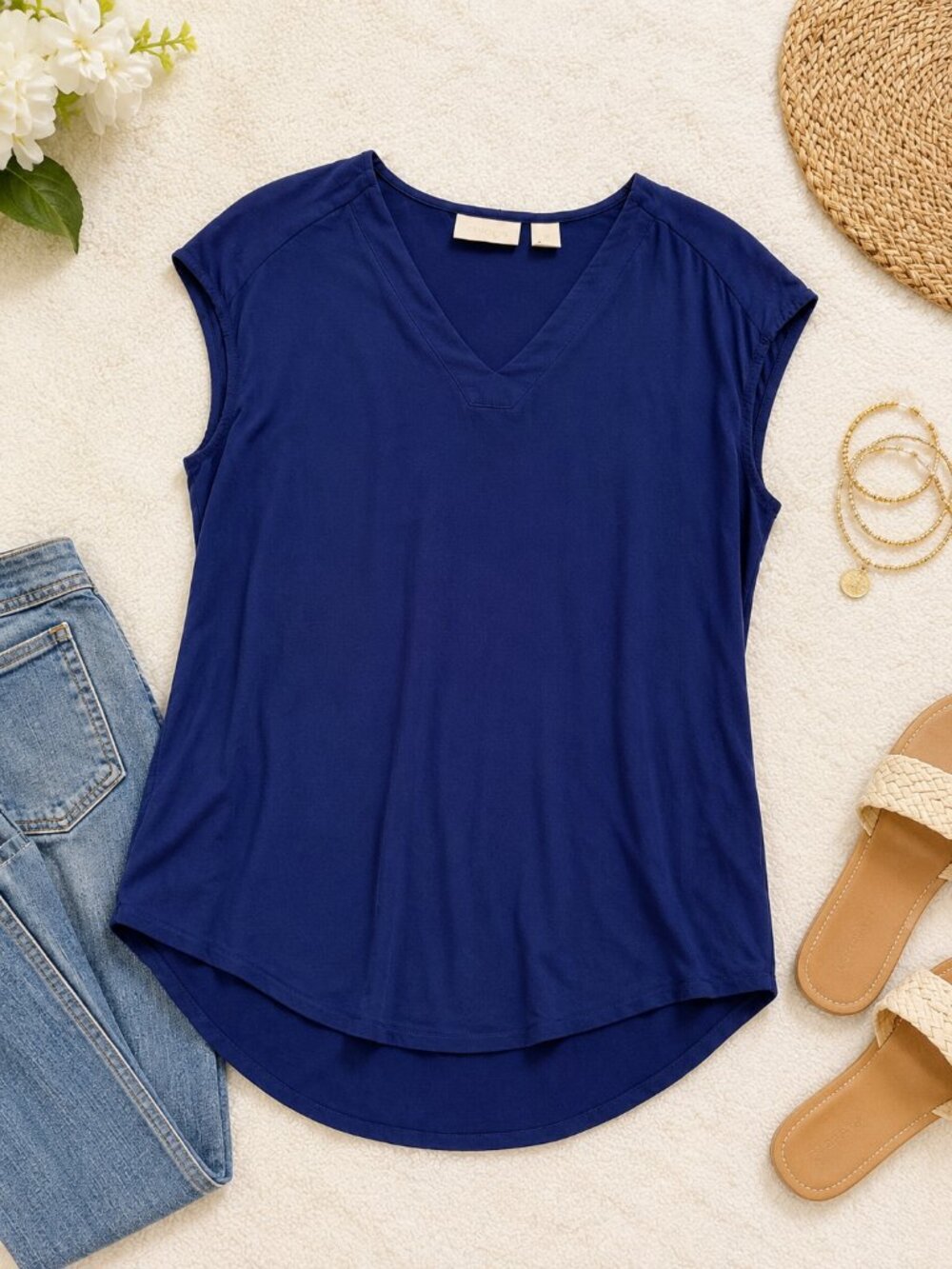 Chico's Royal Blue V-Neck Top Size Small Cap Sleeve Everyday Blouse